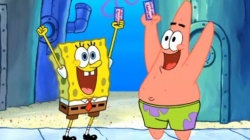 SpongeBob and Patrick waiting for the Glove World bus.